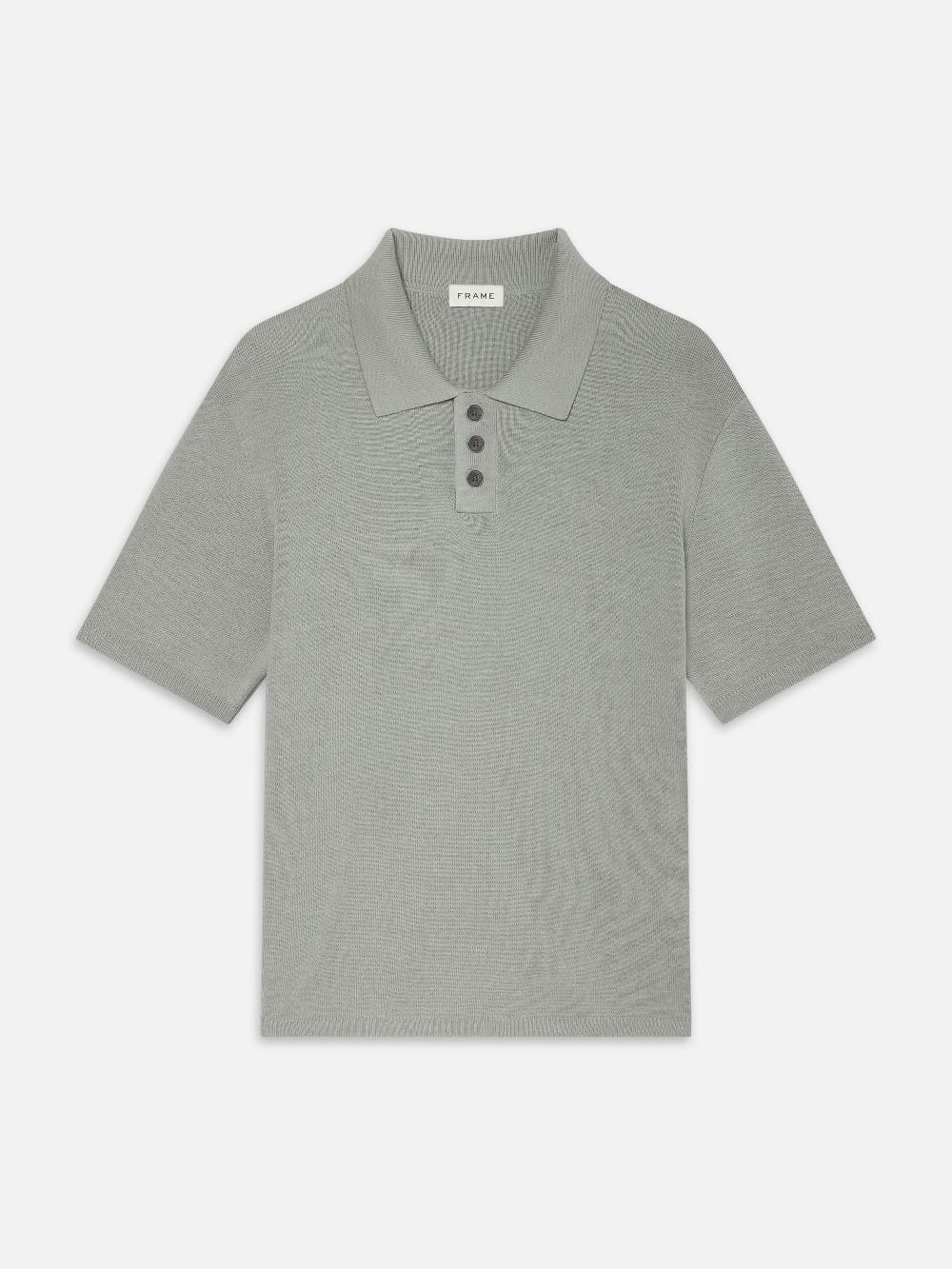 frame Cotton Silk Polo Sweater in Grey Blue