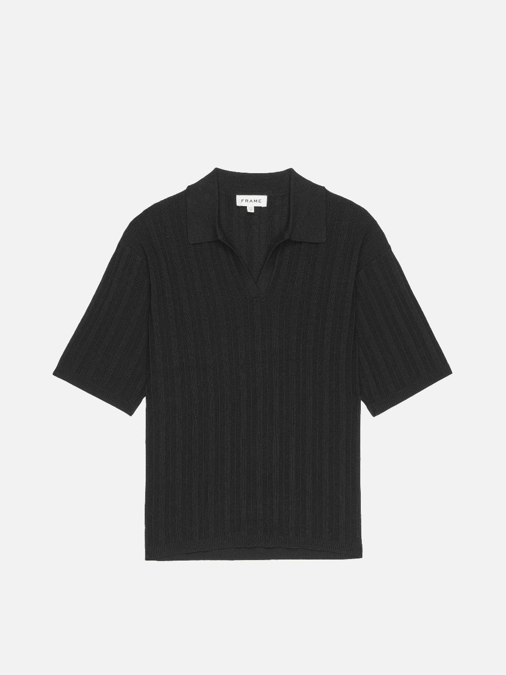 frame Cotton Silk Ribbed Polo Sweater in Black