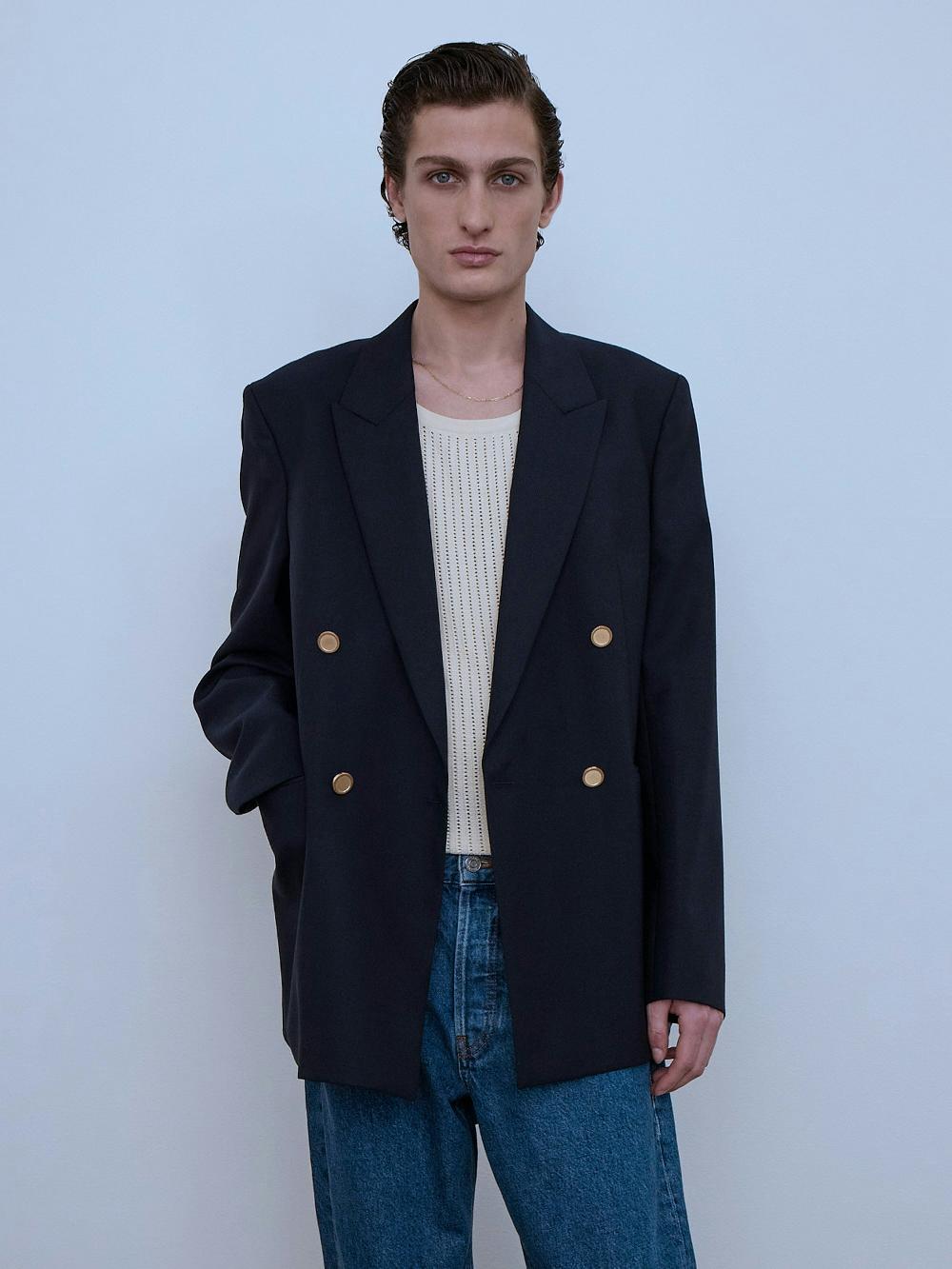 Frame Double Breasted Blazer In Dark Navy