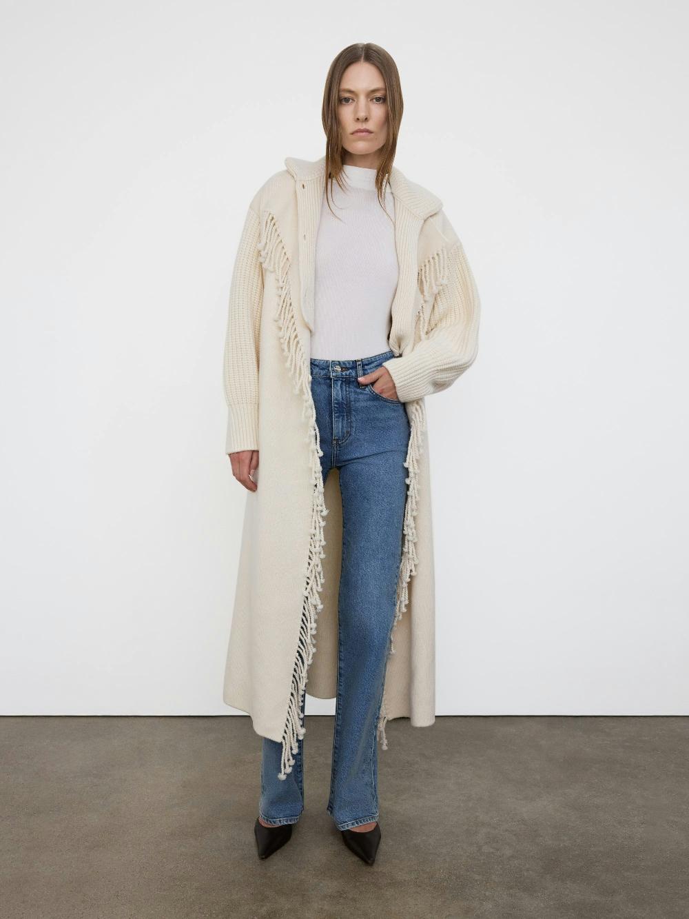 Frame Jacquard Fringe Coat In Stone
