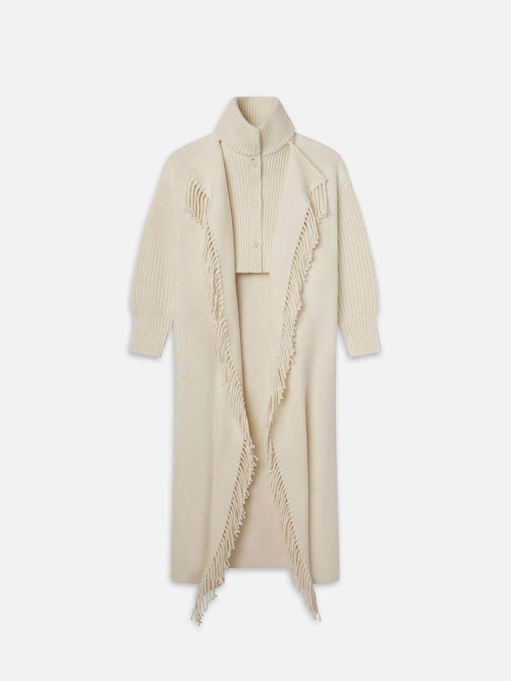 frame Jacquard Fringe Coat in Stone