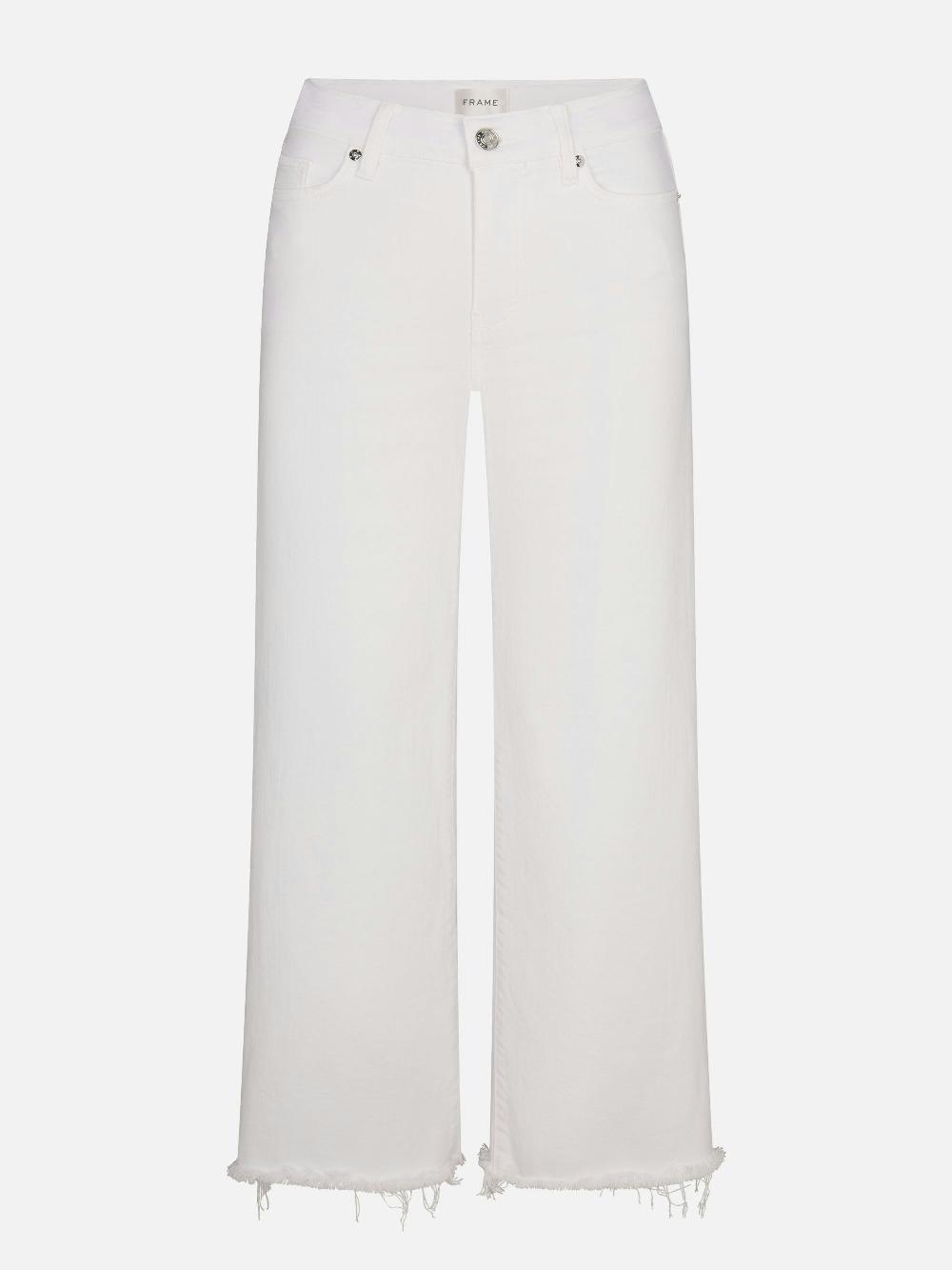 frame Le Slim Palazzo Crop in White Raw Fray