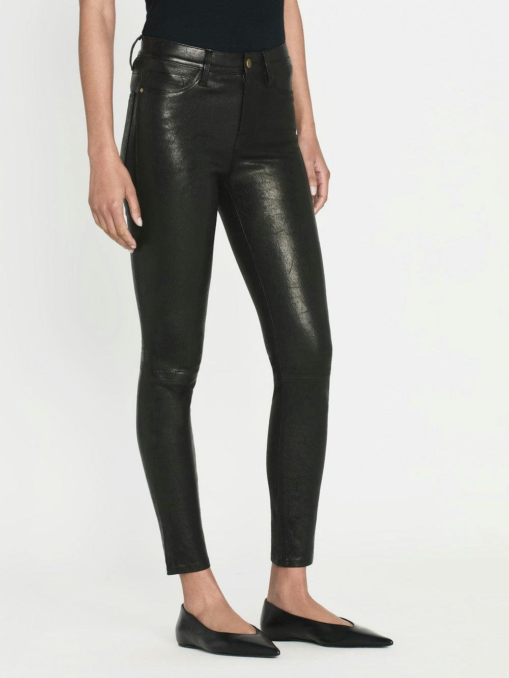 Frame Leather Le High Skinny In Washed Black