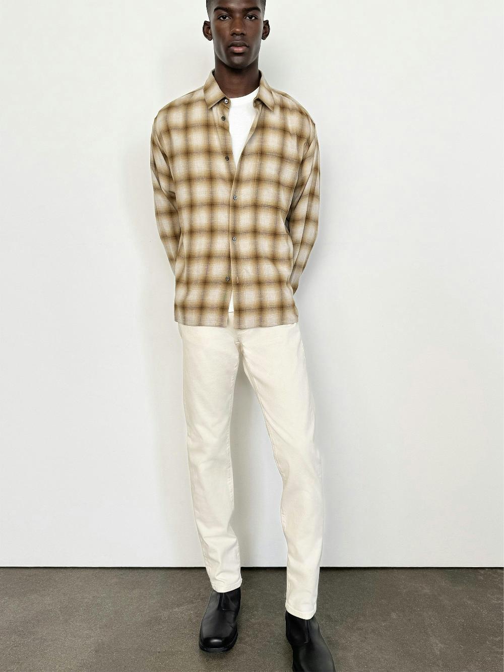 Frame Light Weight Plaid Shirt In Tan Plaid