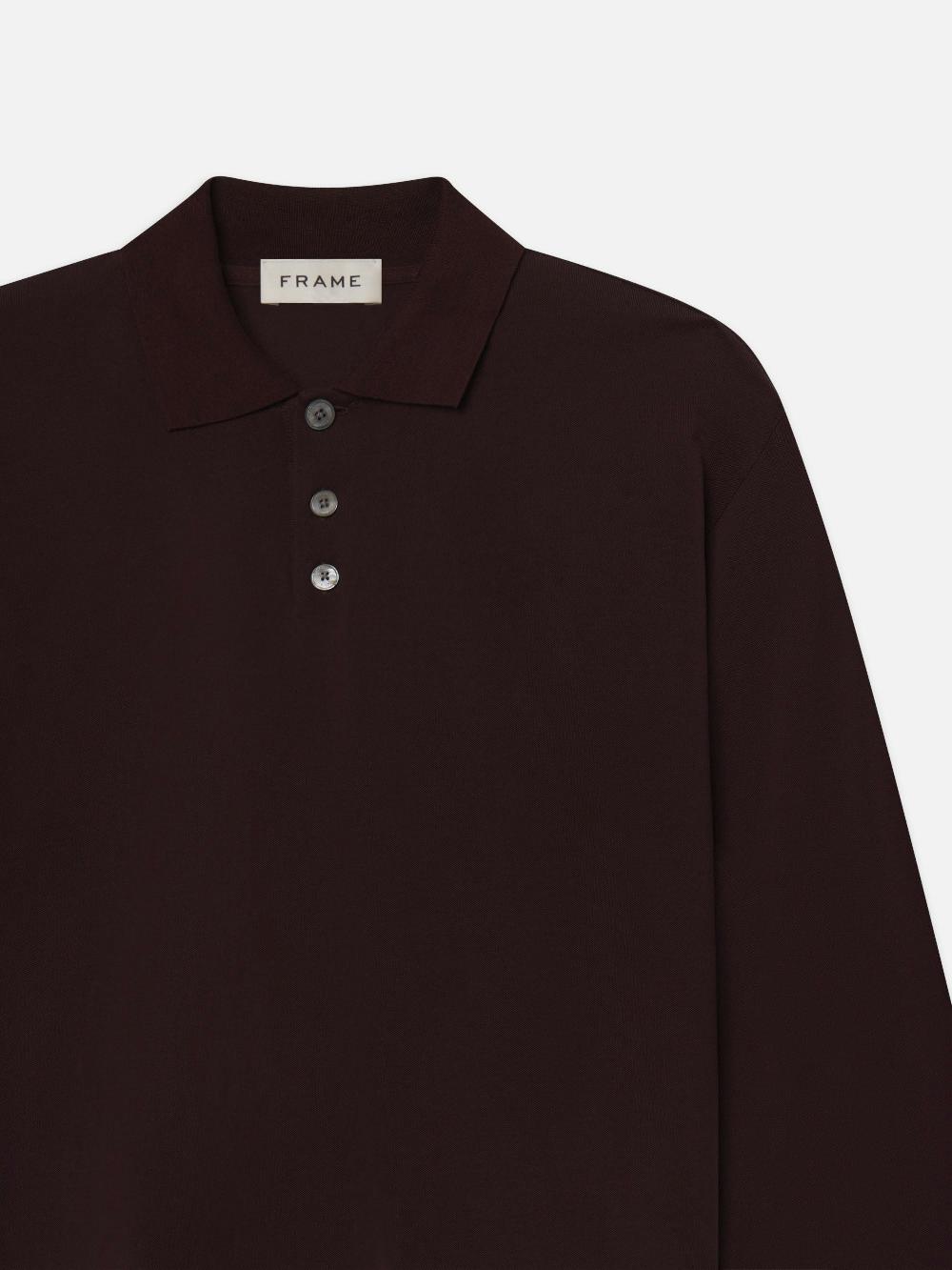 Frame Long Sleeve Pique Polo In Burgundy