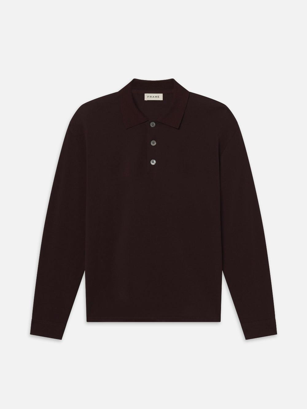frame Long Sleeve Pique Polo in Burgundy