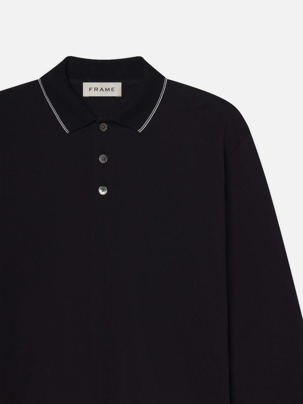 Frame Long Sleeve Pique Polo In Dark Navy