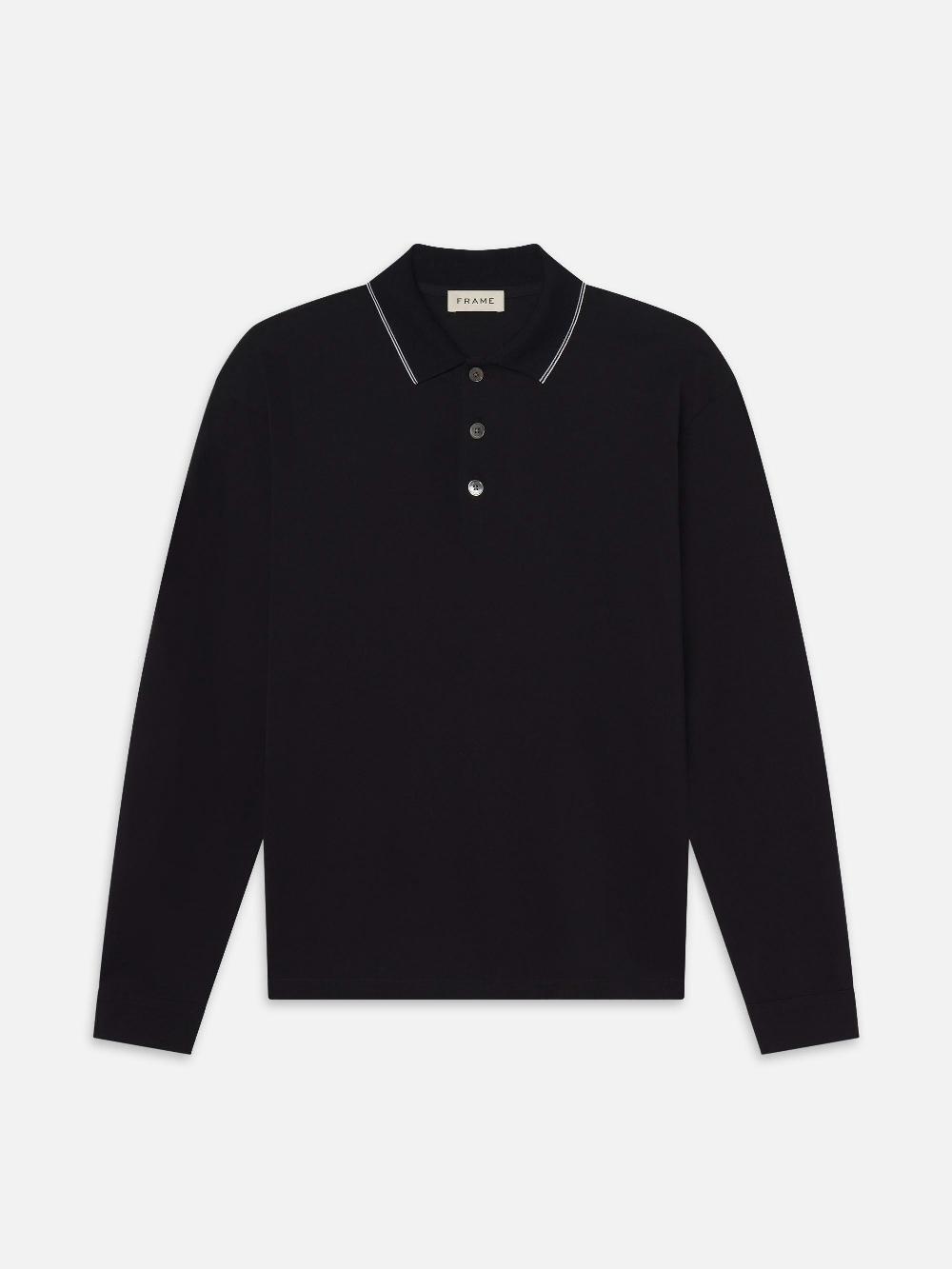 frame Long Sleeve Pique Polo in Dark Navy