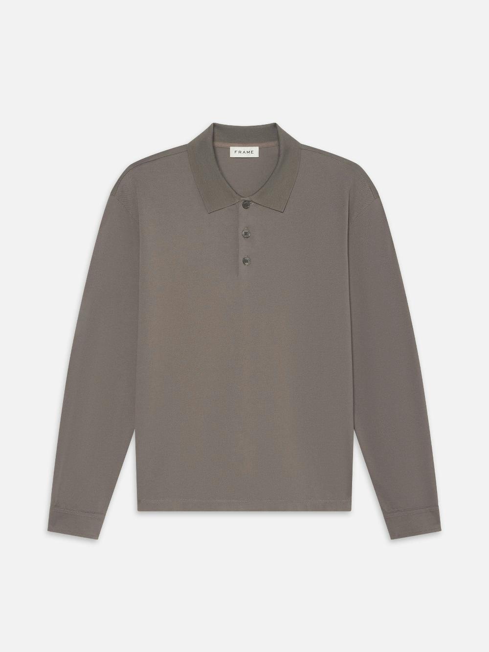 frame Long Sleeve Pique Polo in Smoky Mocha