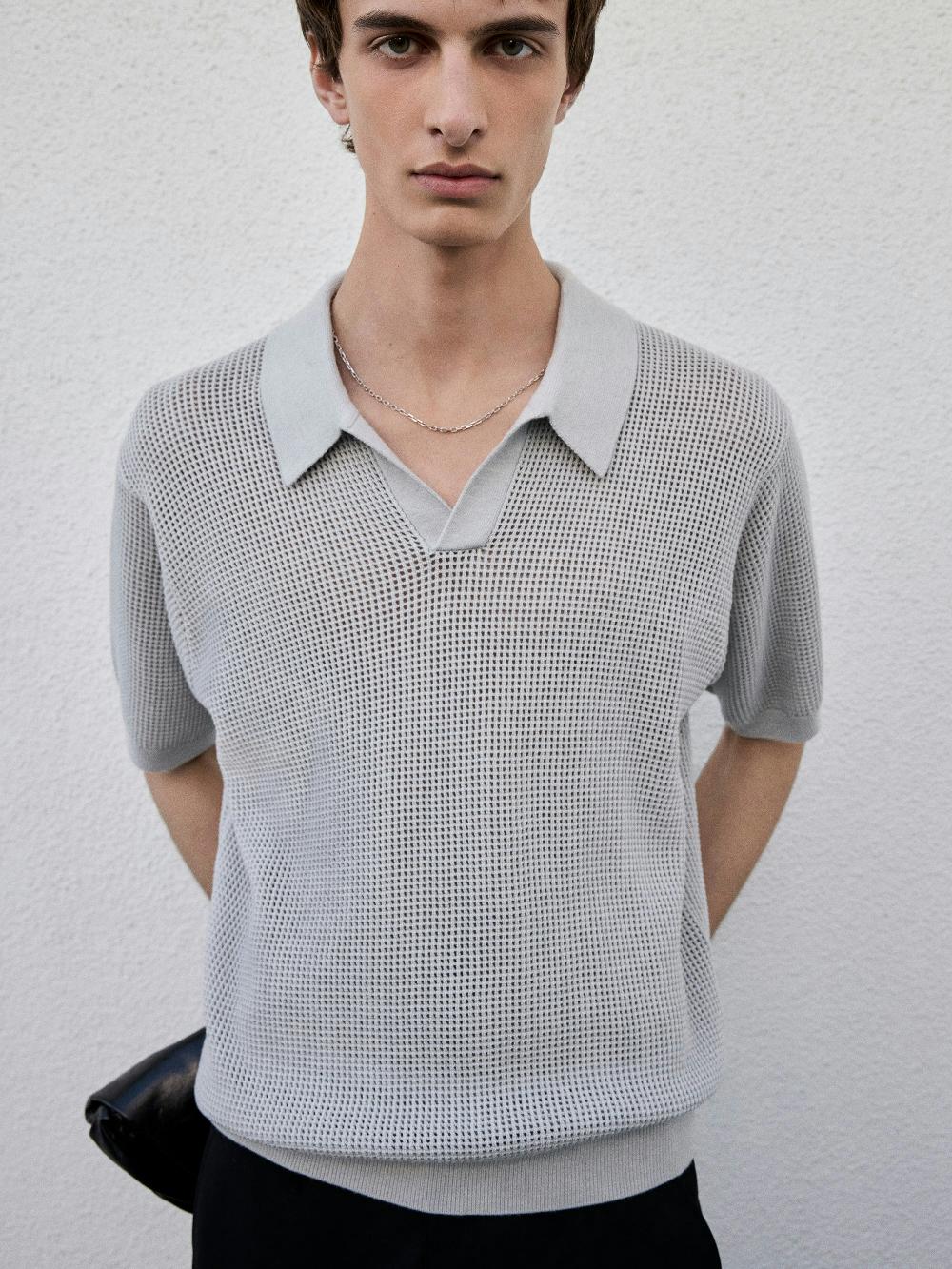 Frame Open Weave Polo Sweater In Grey Blue