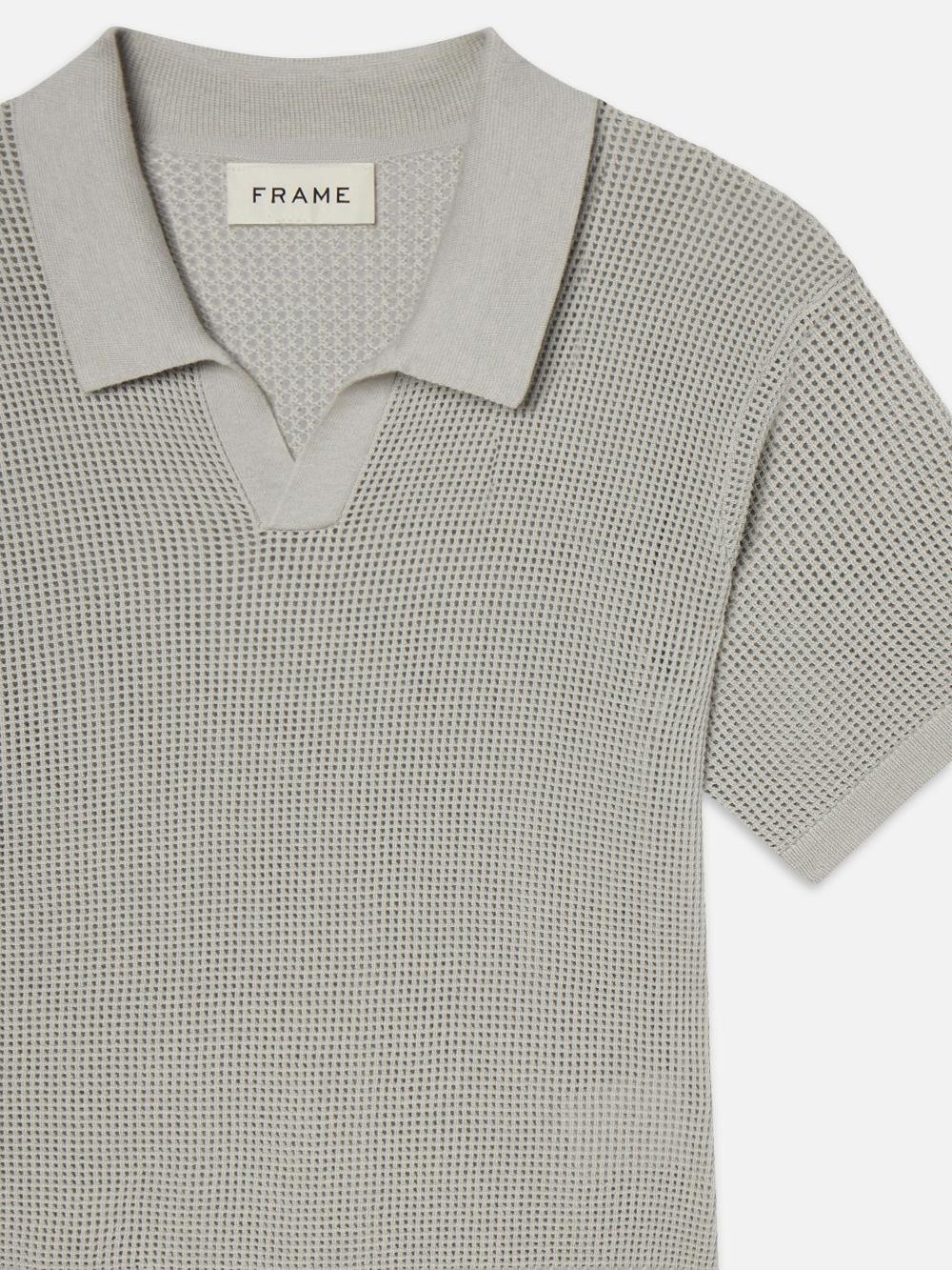 Frame Open Weave Polo Sweater In Grey Blue