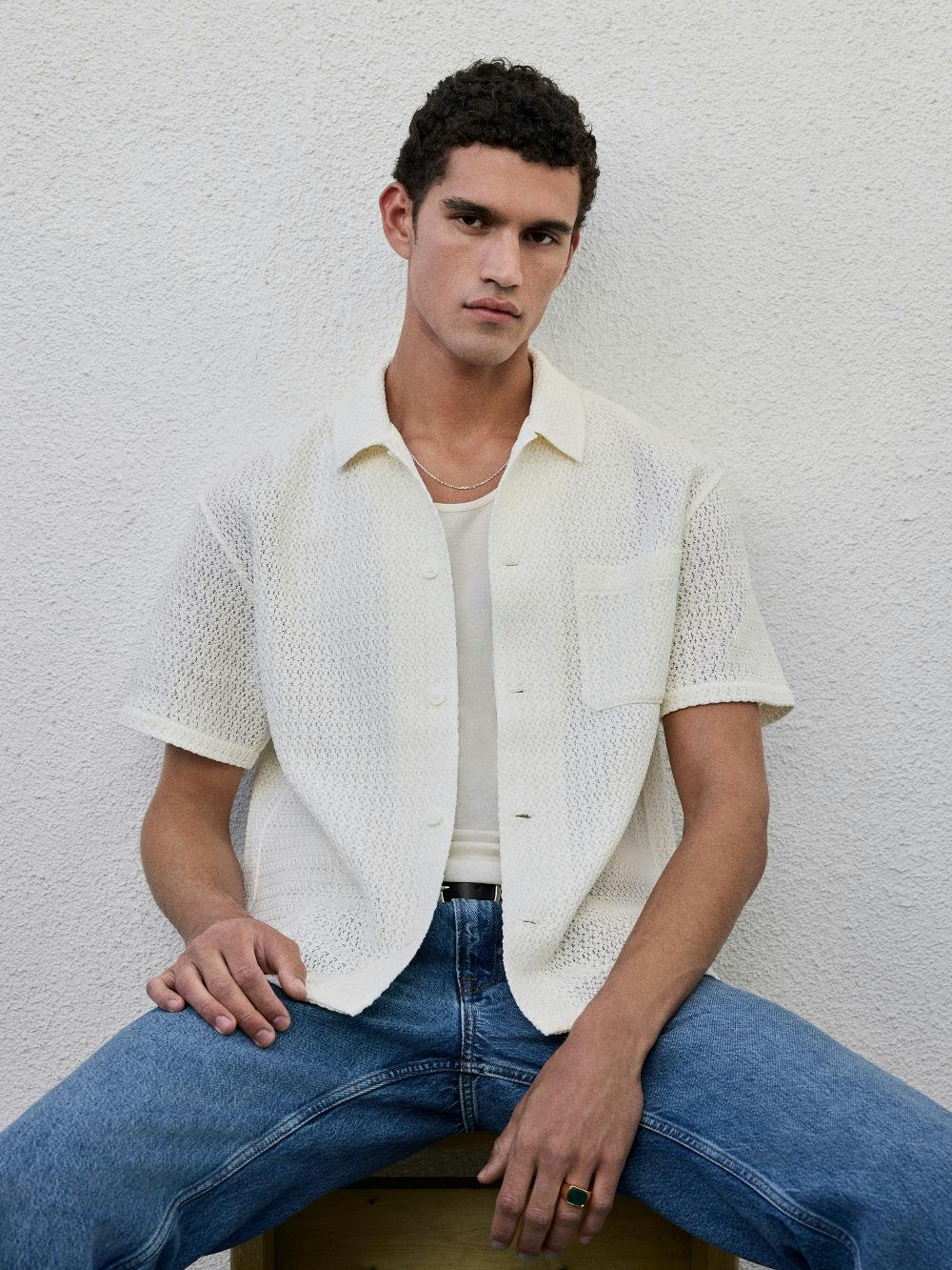 Frame Open Weave Short Sleeve Shirt In Cream