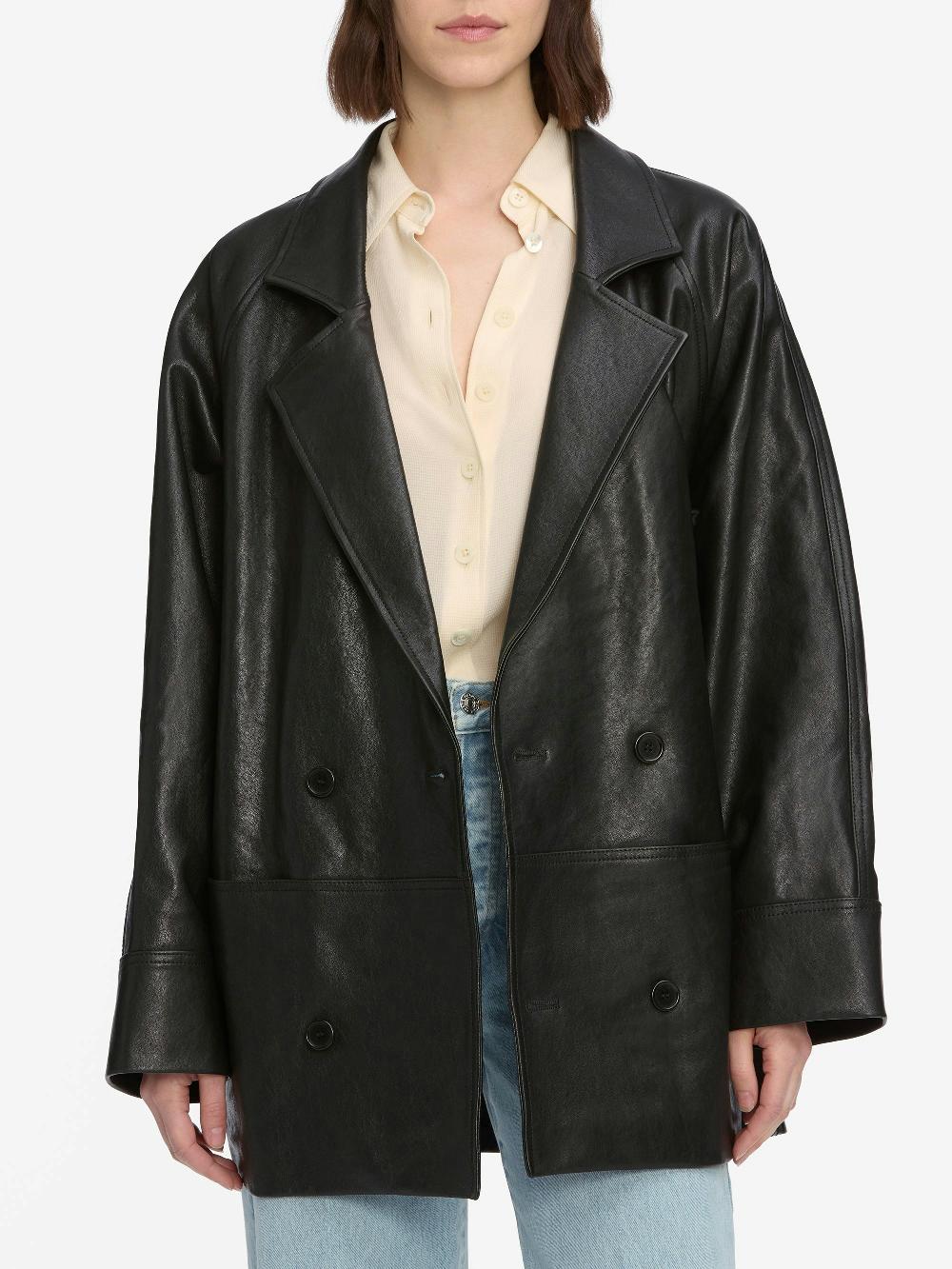 Frame Oversized Leather Jacket In Black