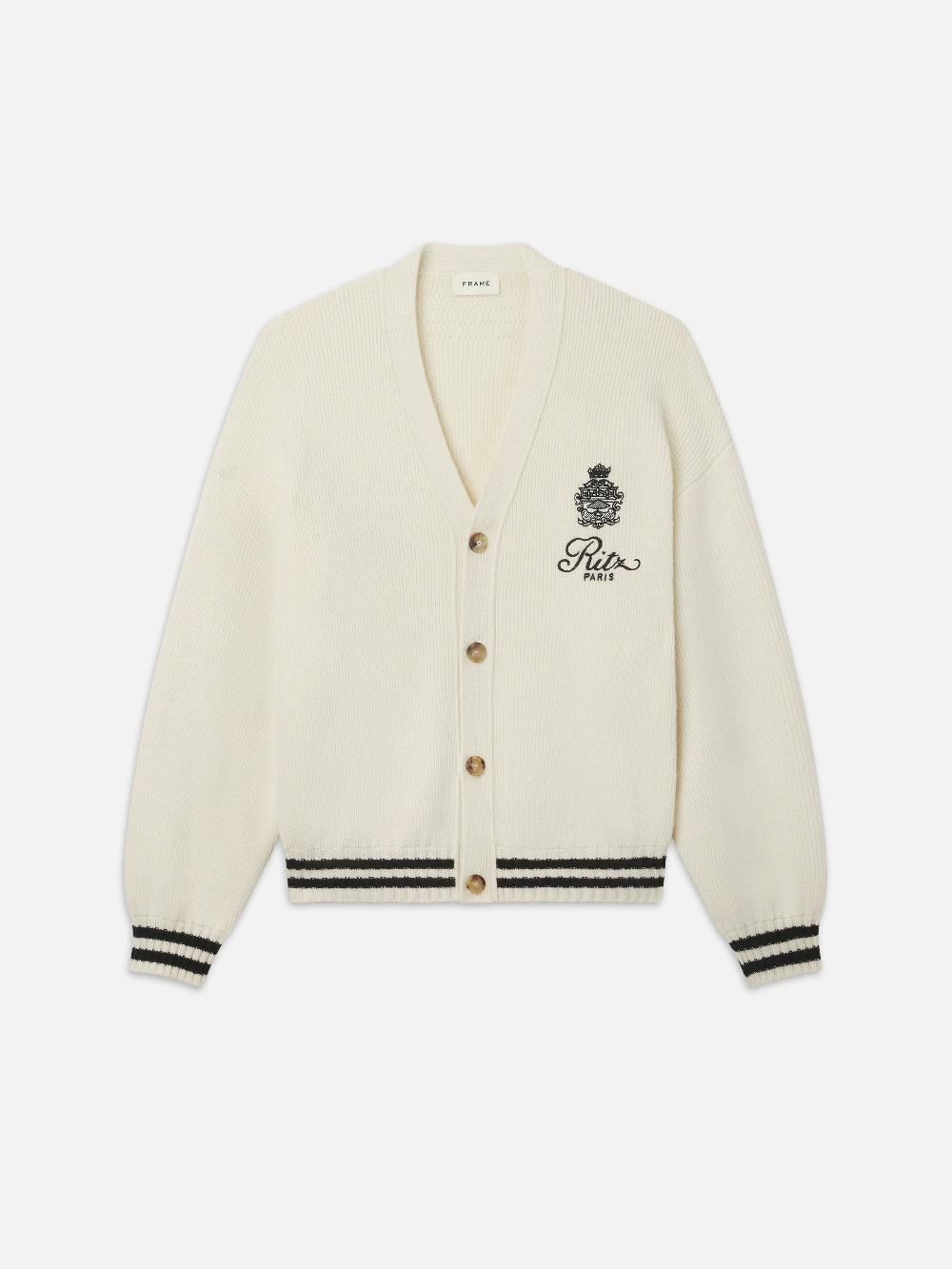 frame Ritz Embroidery Cashmere Cardigan in Cream