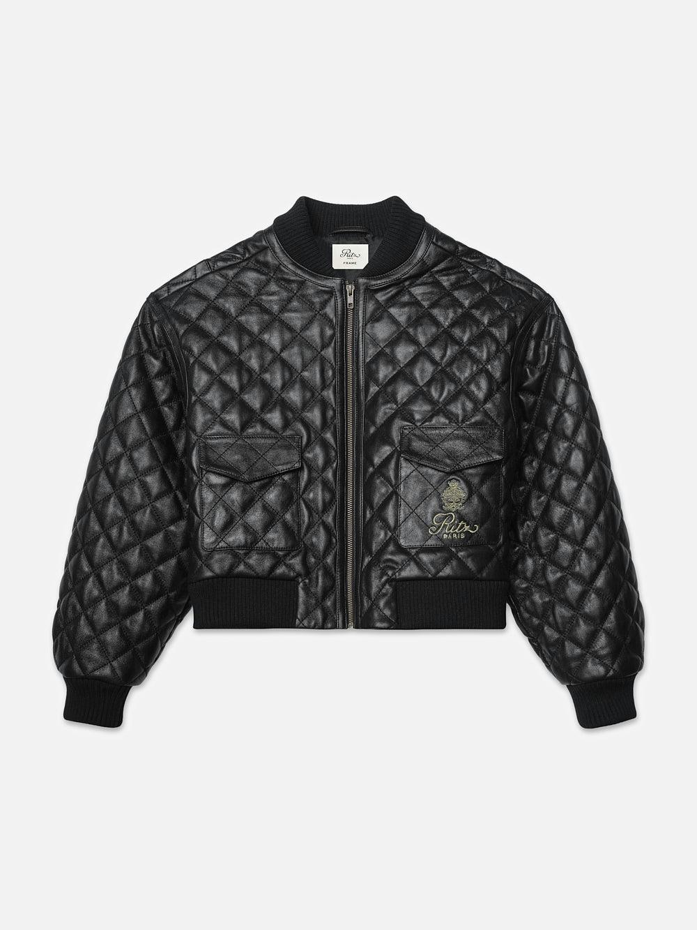 frame Ritz Women's Quilted Leather Bomber in Black
