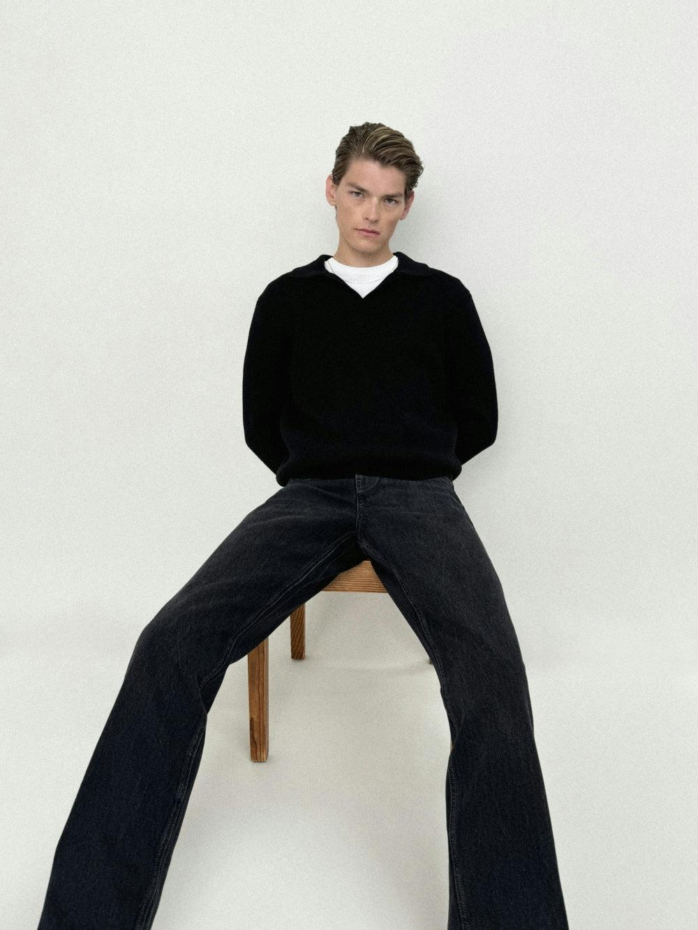 Frame Silk Blend Polo Sweater In Black