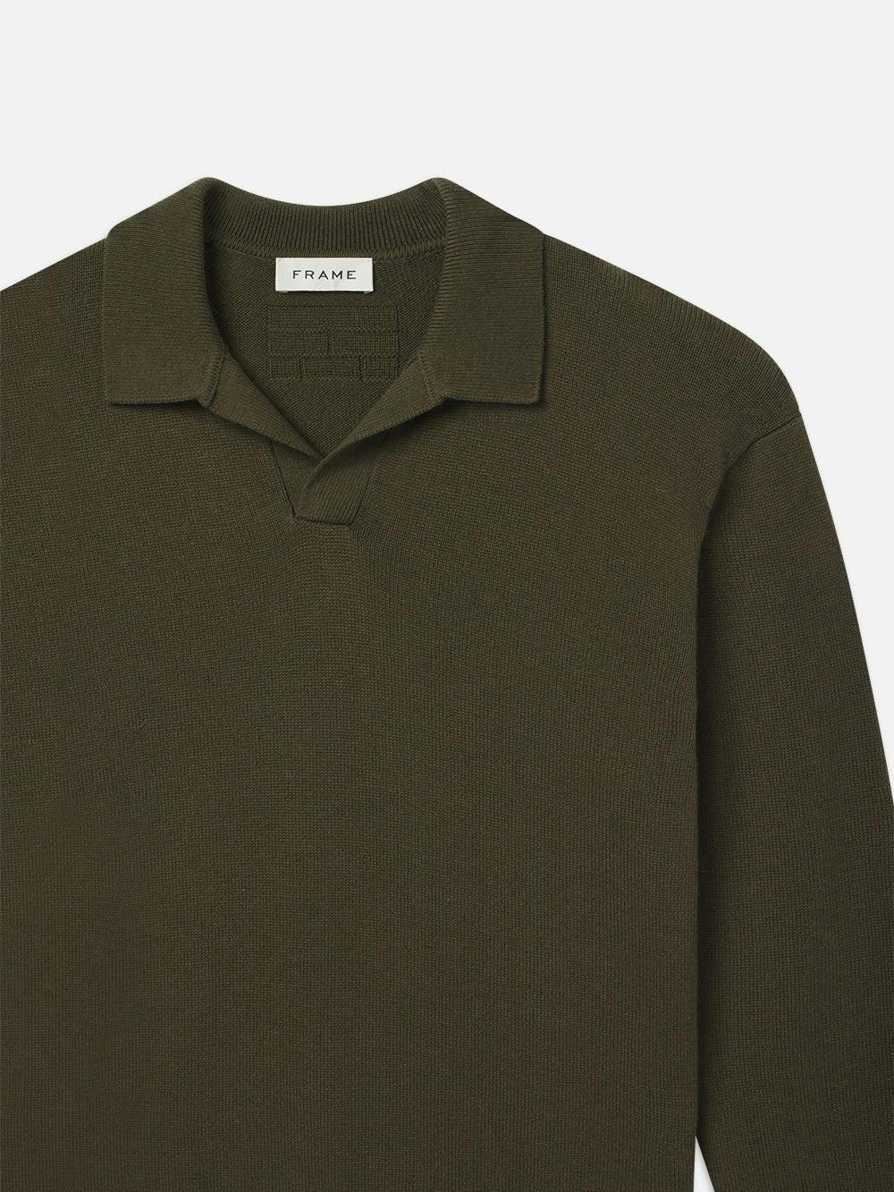 Frame Silk Blend Polo Sweater In Dark Olive