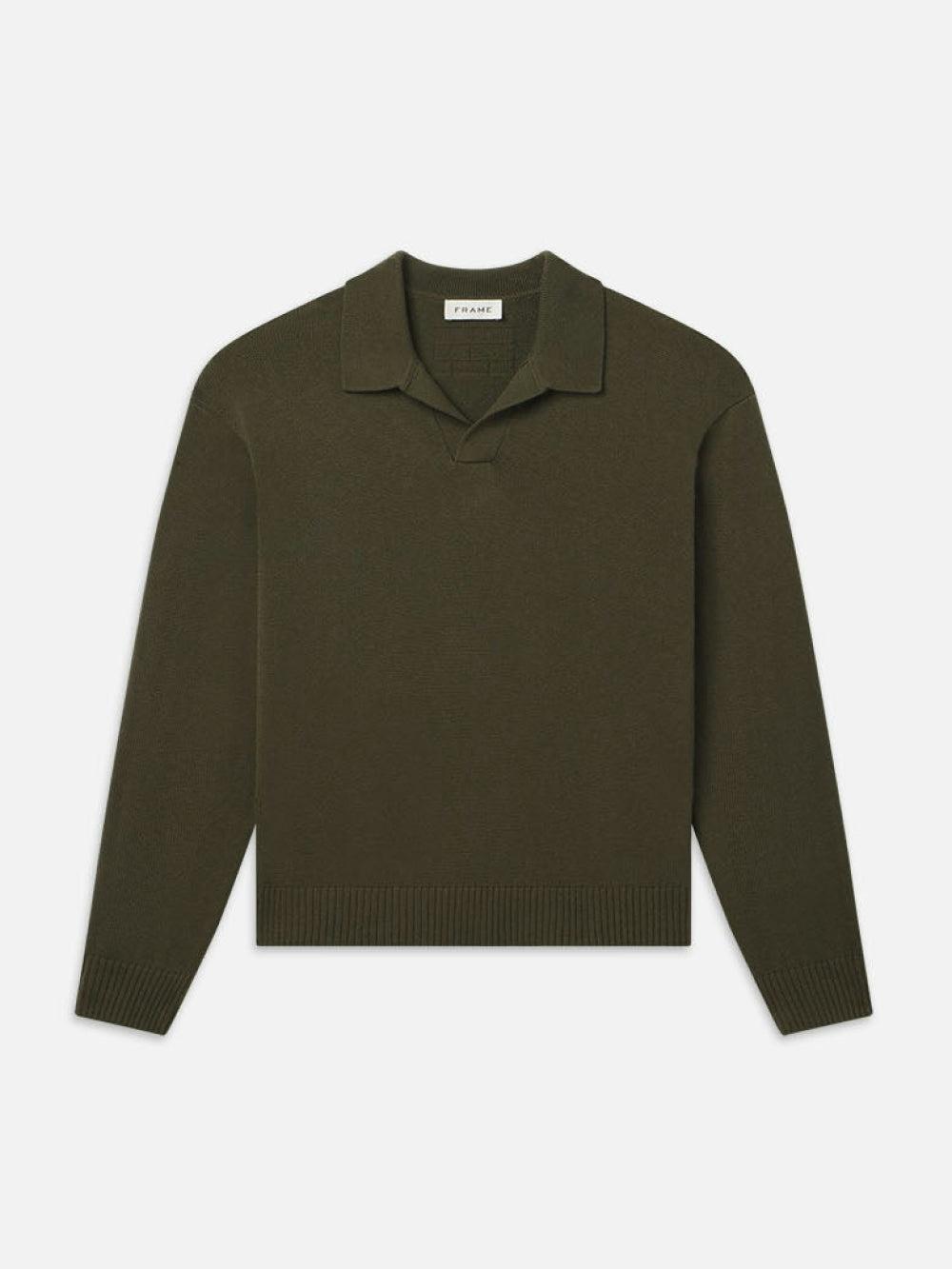 frame Silk Blend Polo Sweater in Dark Olive