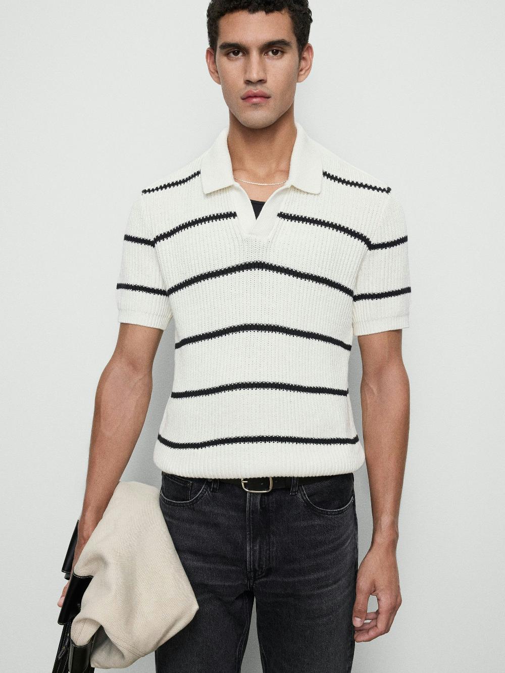 Frame Striped Polo Sweater In Black Stripe