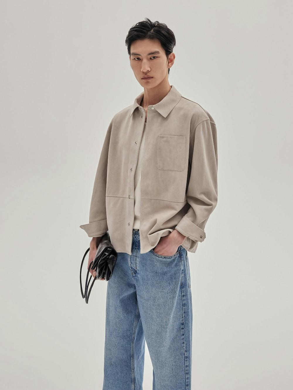 Frame Suede Overshirt In Stone Beige