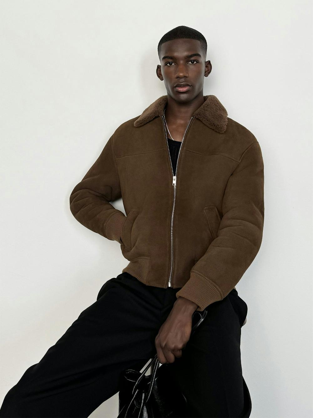 Frame Suede Shearling Bomber In Dark Camel