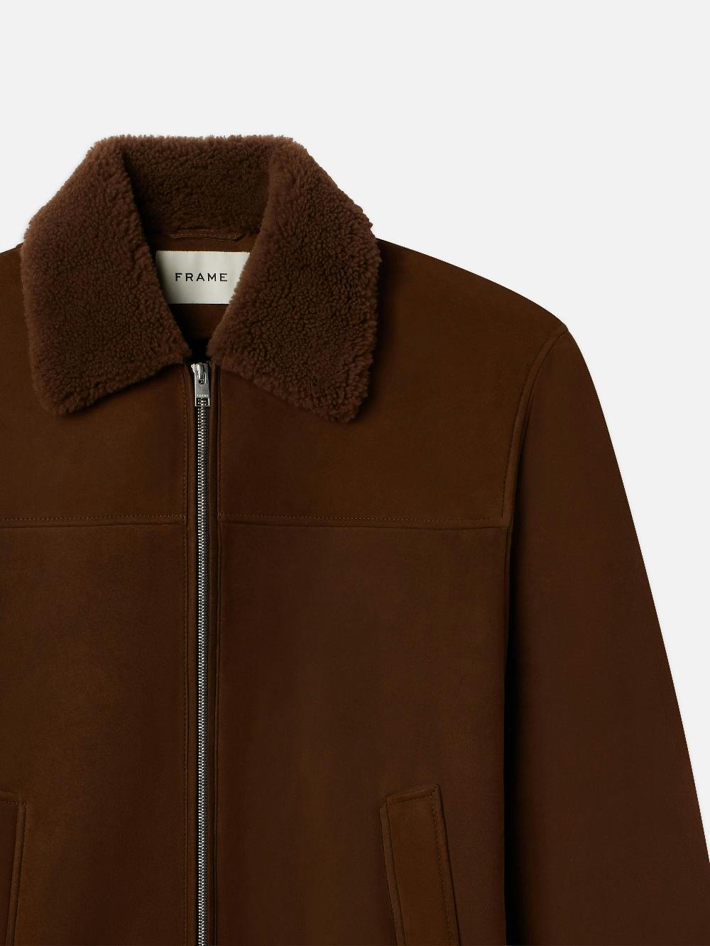 Frame Suede Shearling Bomber In Dark Camel