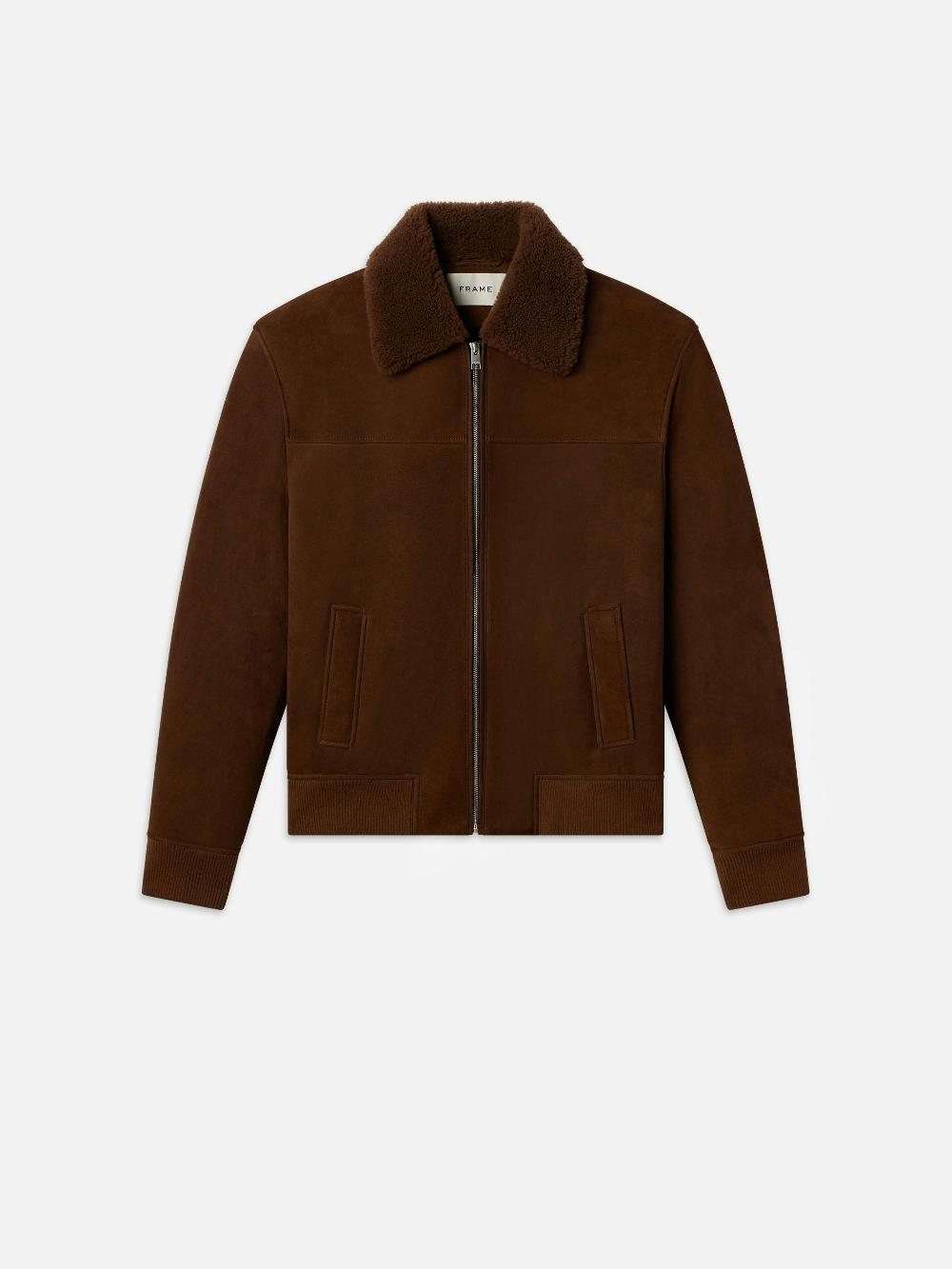 frame Suede Shearling Bomber in Dark Camel
