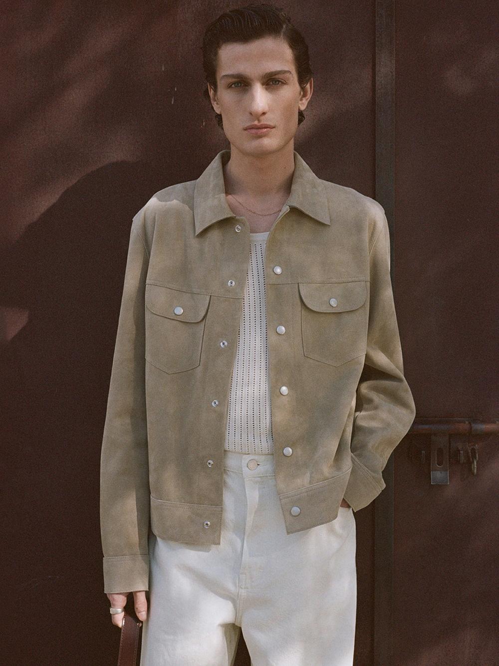 Frame Suede Trucker Jacket In Oxford Beige