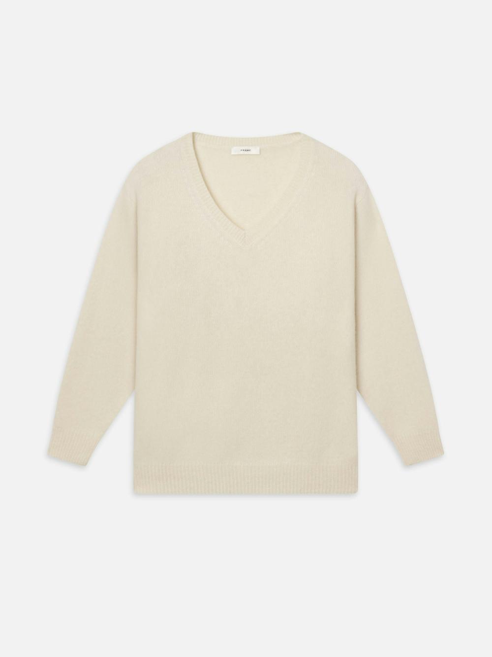 frame The Cashmere Brushed V Sweater in Cream