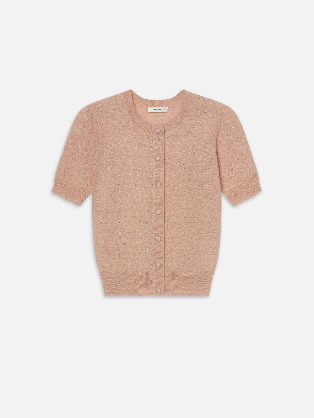 frame The Cashmere Pointelle Cardi in Light Pink