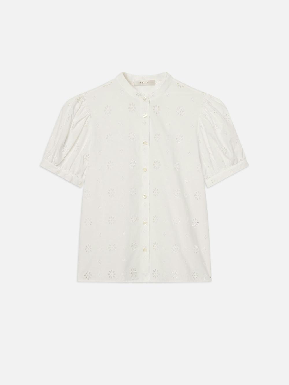 frame The Eyelet Gathered Top in White