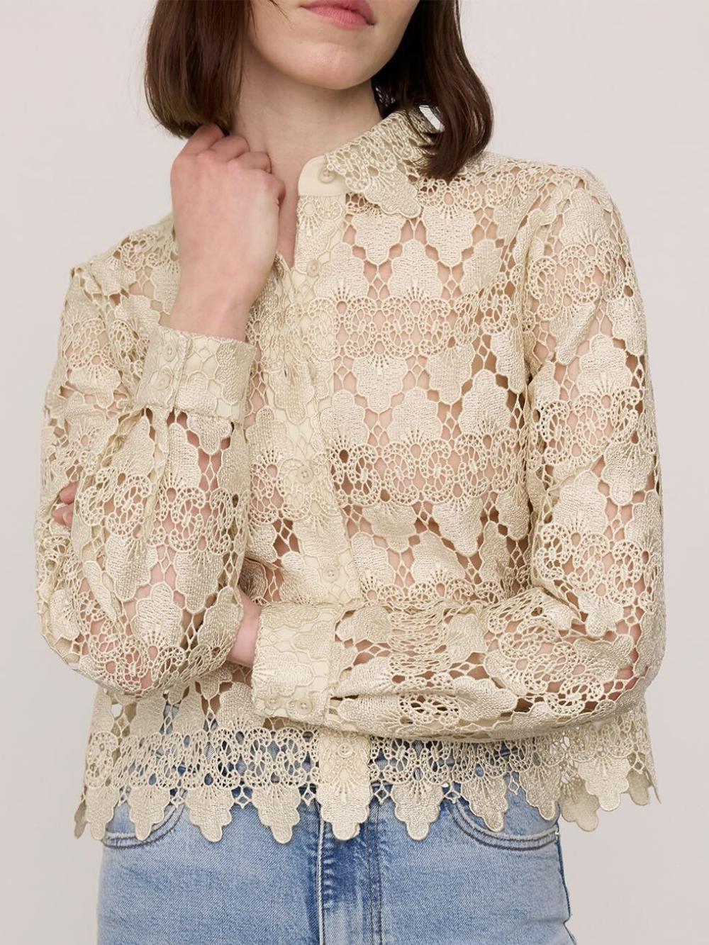 Frame The Lace Button Up Shirt In Ecru