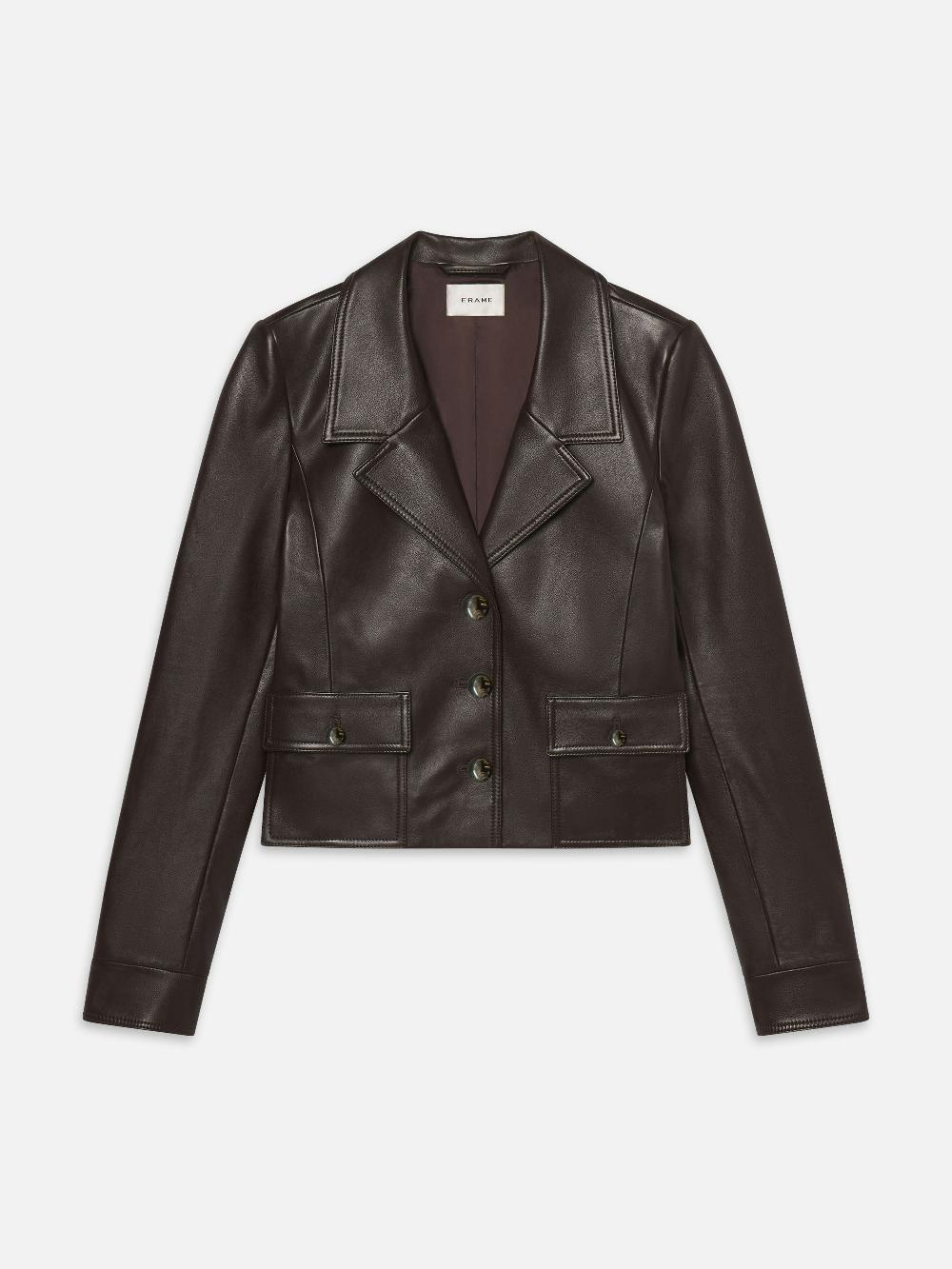 frame The Leather Cuffed Jacket in Dark Brown