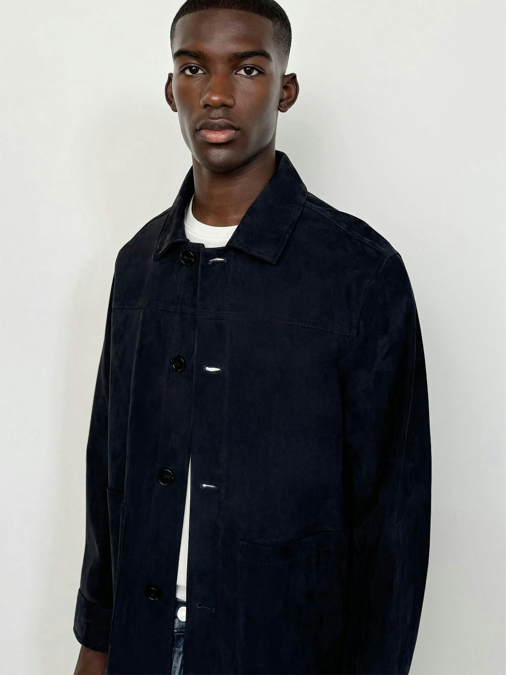 Frame Unlined Suede Chore Coat In Dark Navy