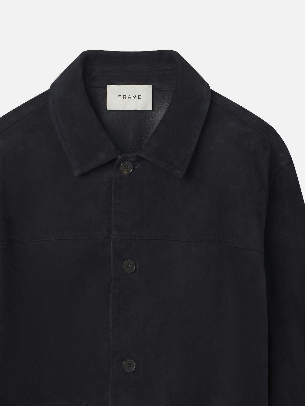Frame Unlined Suede Chore Coat In Dark Navy