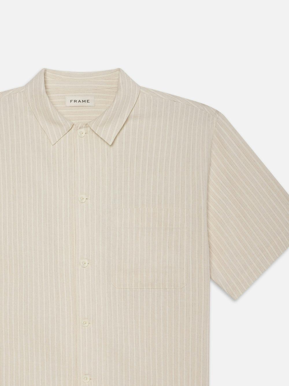 Frame Jacquard Cotton Short Sleeve Shirt In White Sand