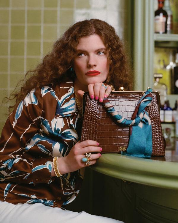 Frances Valentine Jackie Frame Bag Croc Embossed Leather Chocolate