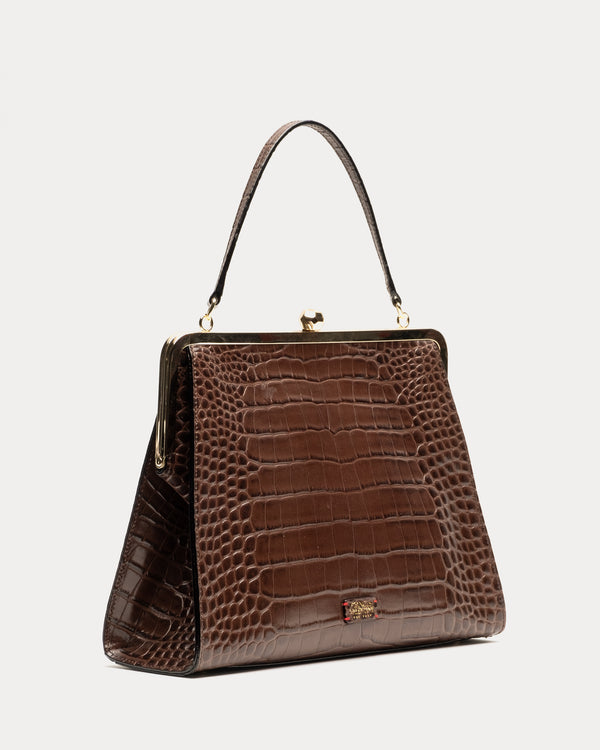 Frances Valentine Jackie Frame Bag Croc Embossed Leather Chocolate