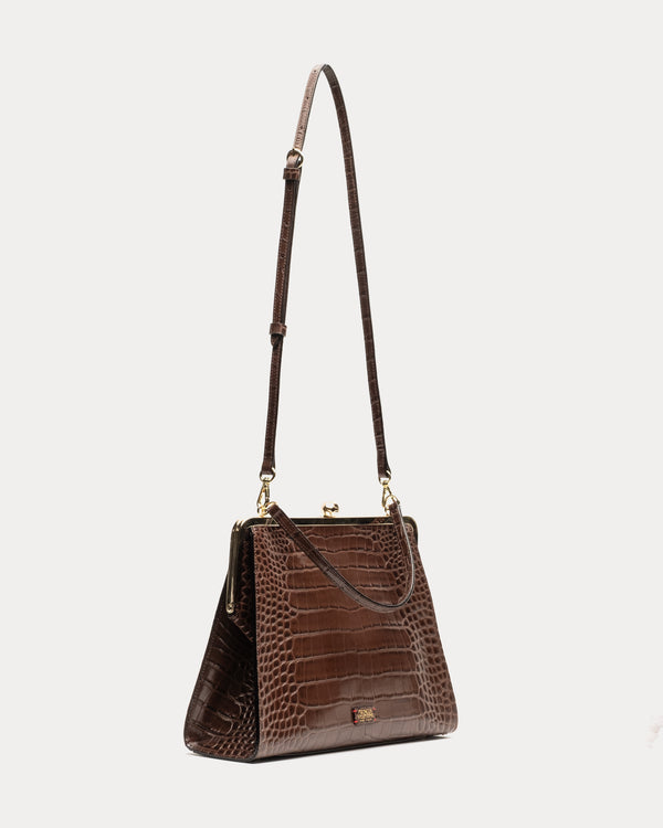 Frances Valentine Jackie Frame Bag Croc Embossed Leather Chocolate