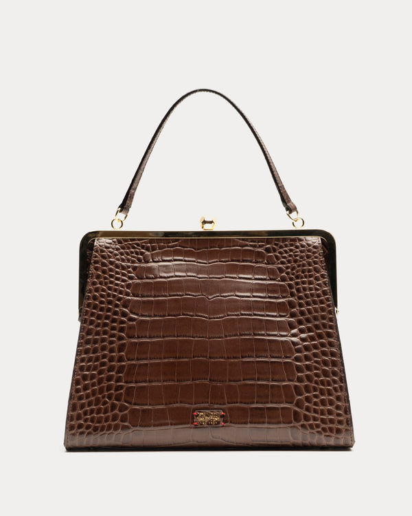 frances valentine Jackie Frame Bag Croc Embossed Leather Chocolate