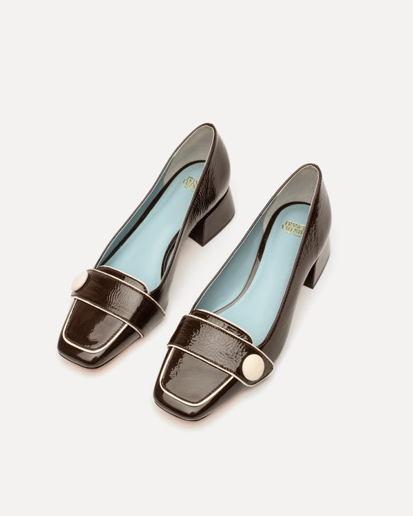 Frances Valentine Mackie Crinkle Soft Patent Block Heel Chocolate