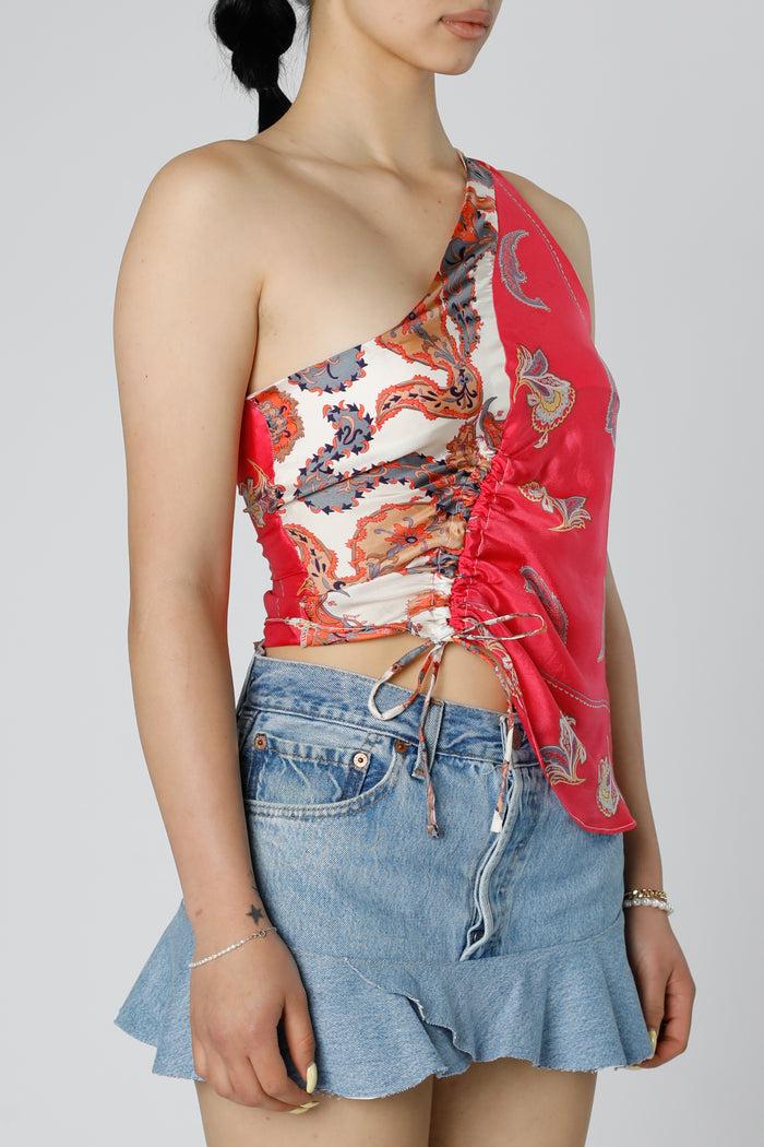 Frankie Rework Silk Scarf Ruche Tank - XS