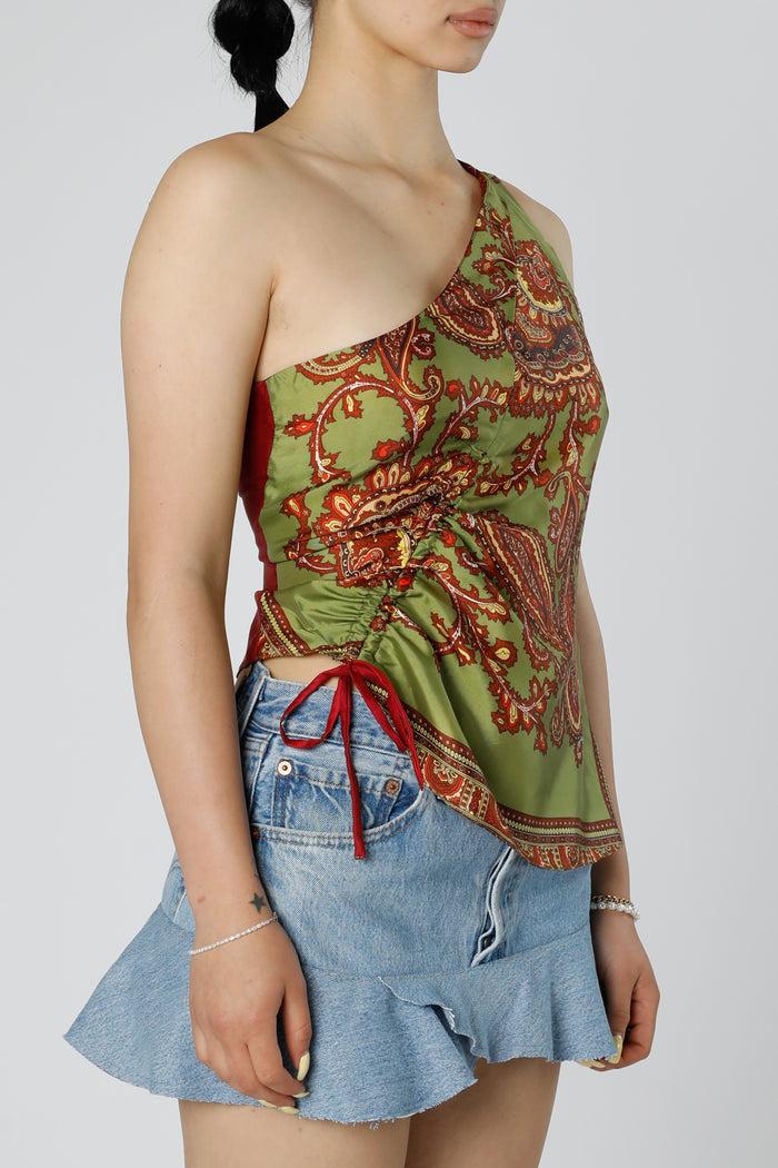 Frankie Rework Silk Scarf Ruche Tank - XS