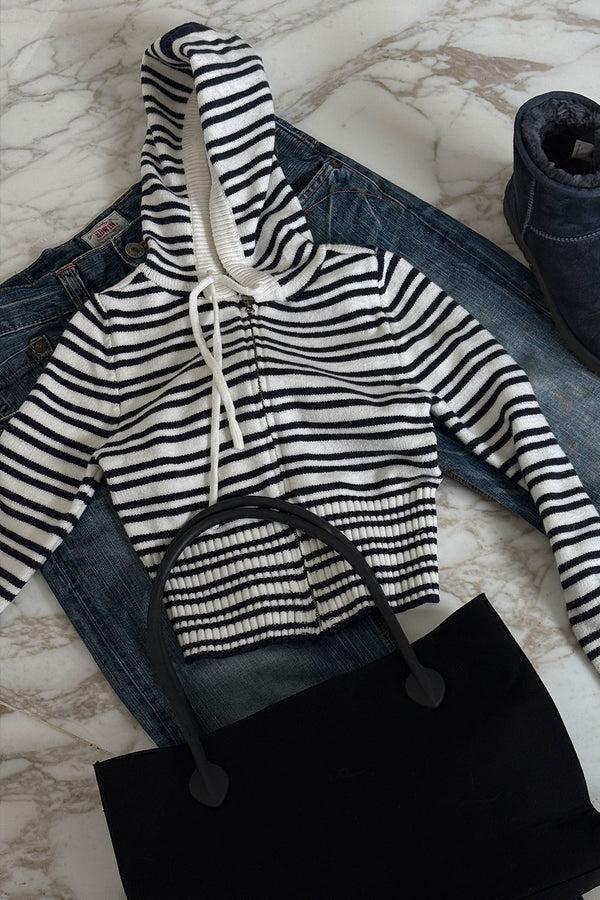 Frankies Bikinis Aimee Knit Zip Up Hoodie Starlit Stripe