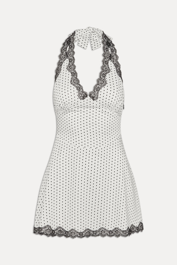 Frankies Bikinis Audrey Satin Mini Dress White Polka Dot