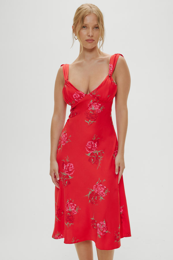 Frankies Bikinis Aurora Satin Floral Midi Dress Red Rose Brushstroke