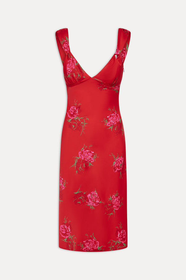 Frankies Bikinis Aurora Satin Floral Midi Dress Red Rose Brushstroke