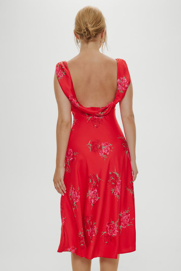 Frankies Bikinis Aurora Satin Floral Midi Dress Red Rose Brushstroke