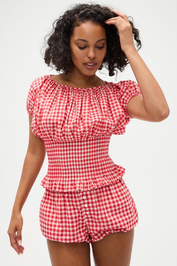Frankies Bikinis Cider Gingham Blouse Cherry Gingham