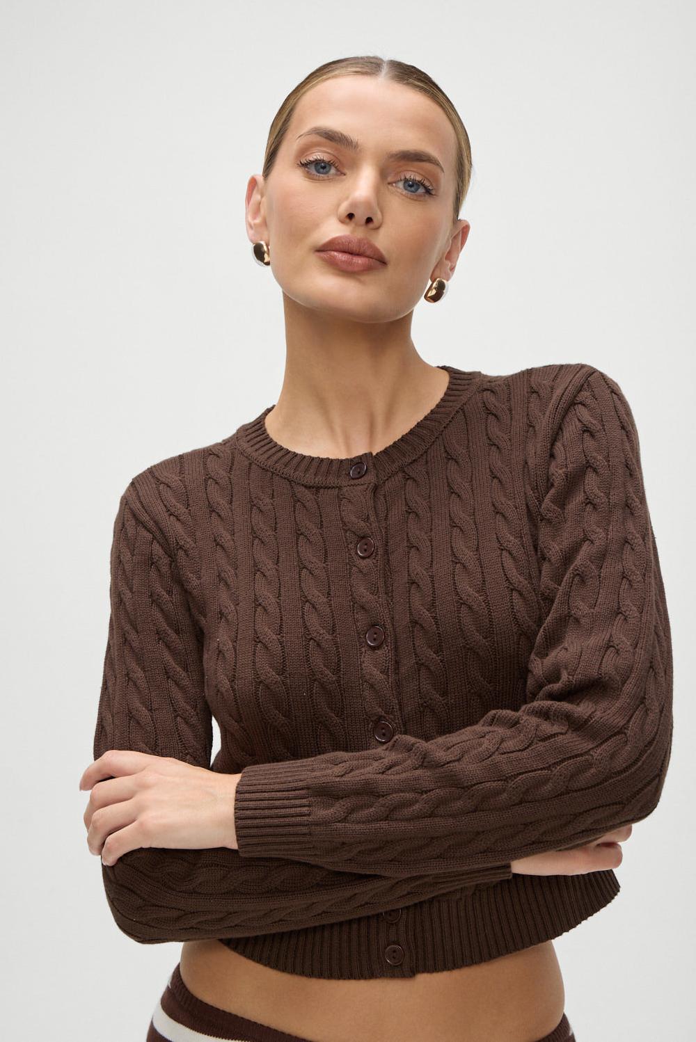 frankies bikinis Dudley Cable Knit Cardigan Brown Sugar